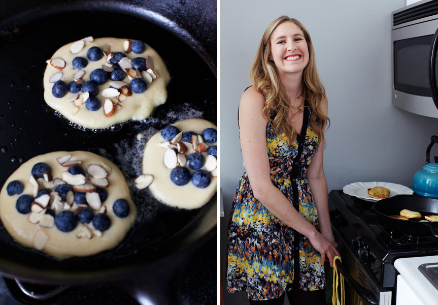 Phoebe in her kitchen in Chelsea making gluten free blueberry pancakes.  
